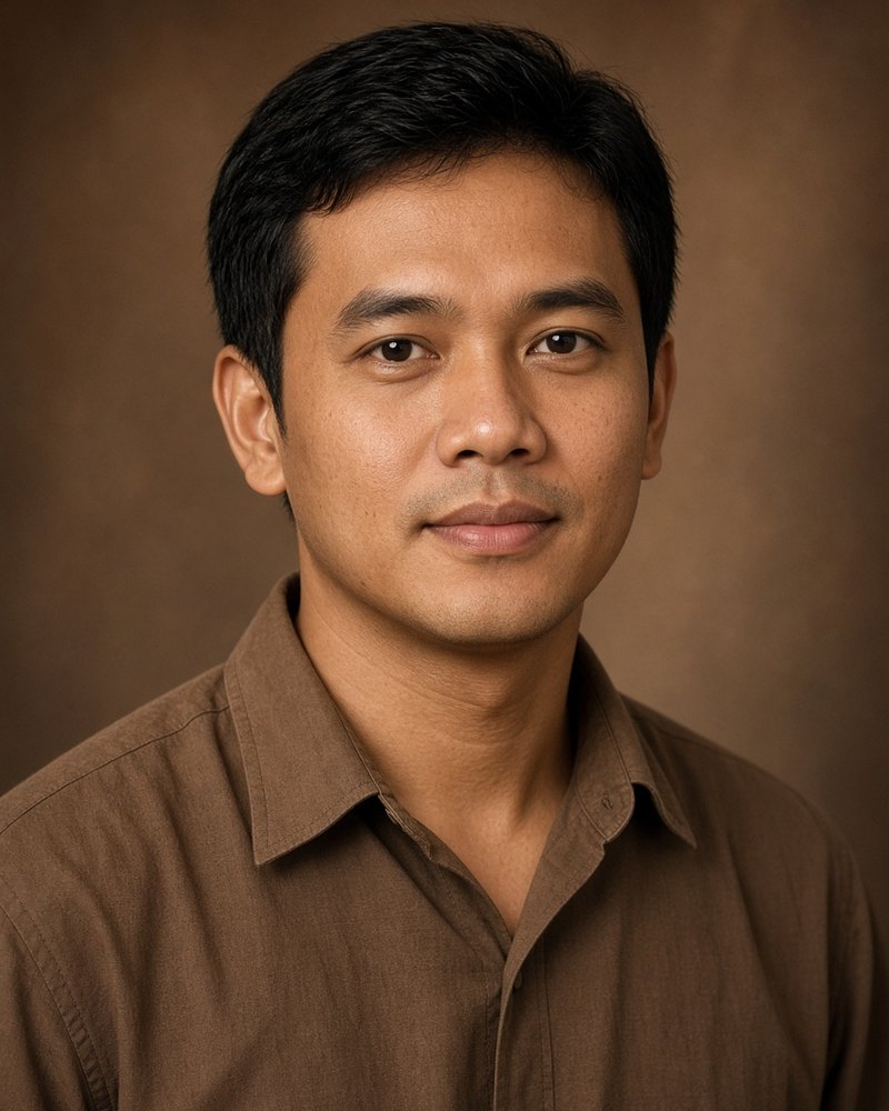 Lelaki Melayu kira-kira tiga puluh dua tahun, kemeja coklat polos, studio senja, tanpa logo
