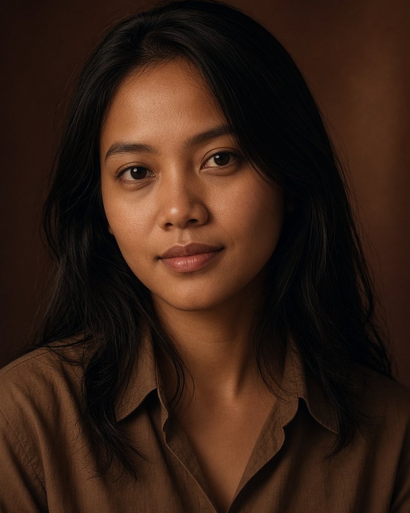Perempuan Melayu kira-kira dua puluh sembilan tahun, kemeja coklat polos, tanpa logo